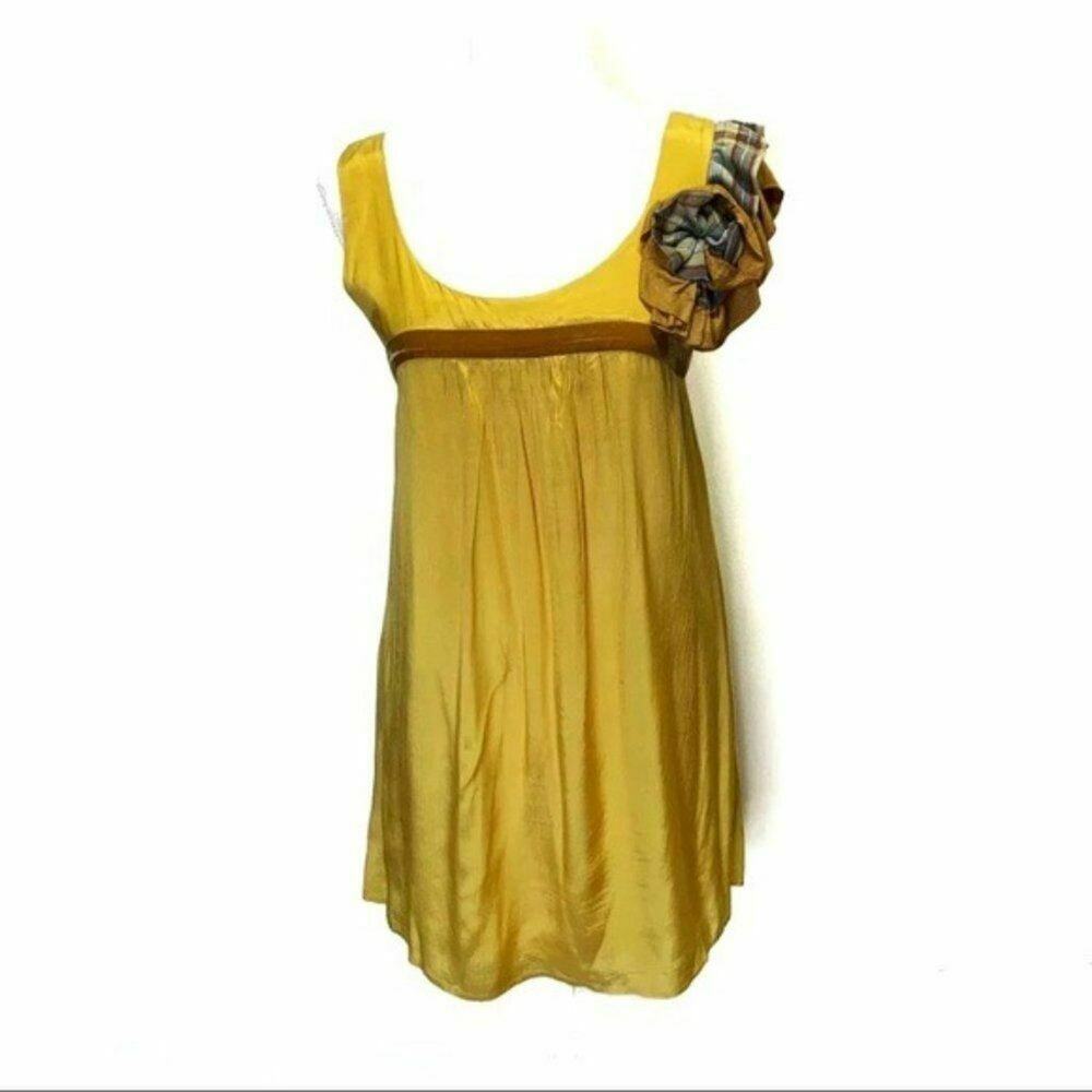 Fashion Spy Yellow Babydoll Dress Women's Small Lined Velvet Trim Flower Mini